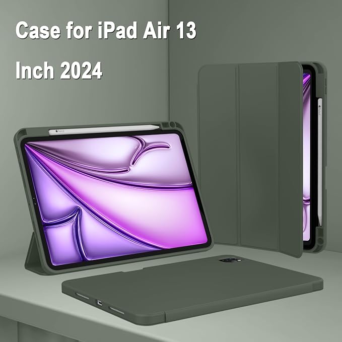 ZryXal New iPad Air 13 Inch Case M3 2025/M2 2024 with Pencil Holder, Trifold Stand Smart Case with Soft TPU Back,Auto Wake/Sleep(Dark Green)