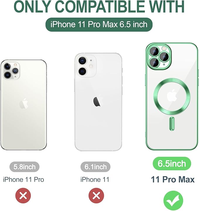 Hython Magnetic Clear for iPhone 11 Pro Max Case with Camera Lens Protector [Compatible with MagSafe] Plating Edge Slim Soft TPU Cover Protective Phone Case for iPhone 11 Pro Max 6.5", Light Green