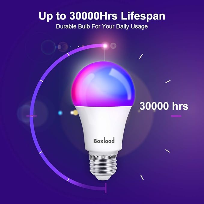 Boxlood Smart Light Bulb Works with Alexa Echo Google Home Siri, RGB Color Changing WiFi Light Bulbs, No Hub Required, Warm White to Cool White, Dimming & Timing, APP & Voice Control,7W A19 E26 6Pack