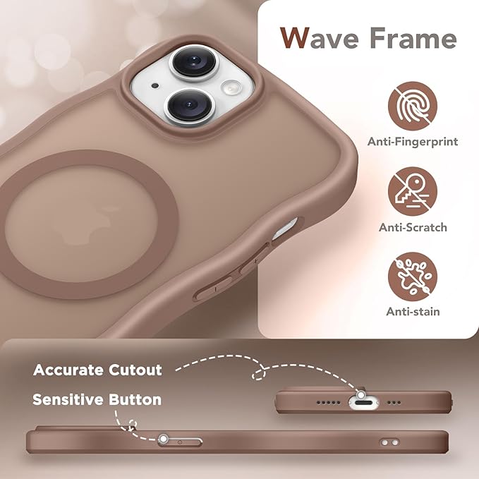 CAPRARO Cute for iPhone 13 Case & iPhone 14 Case, Compatible with MagSafe, [Curly Wave Edge] [Camera Protection] [14 FT Drop Protection] Magnetic for iPhone 13/14 6.1 Inch, Brown