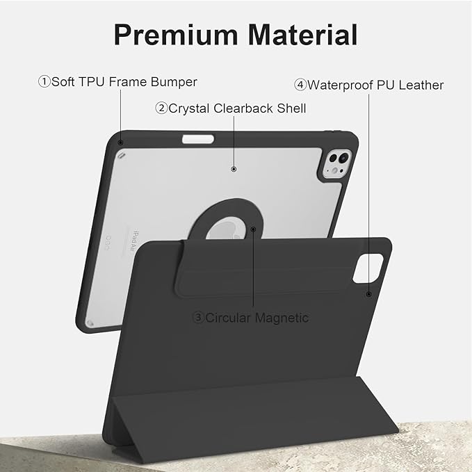 Case for iPad Pro 11 inch M5/M4 (2025/2024, 6th/5th Generation), Removable and Detachable Magnetic Cover with Pencil Holder, Vertical Adjustable Stand, Tri-Fold Multi-Angle, Black