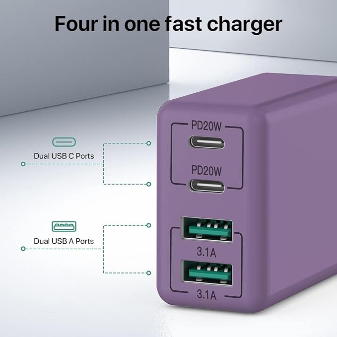 sccvee USB C Wall Charger, 40W 4-Port USB C Charger Block, Fast Charging Block Dual Port PD+QC Wall Plug Multiport Type C Compatible with iPhone 14/13/12/11/Pro Max/XS/XR/8/7, Tablet(Purple)