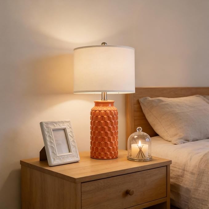 USumkky 20.5" Ceramic Table Lamps Set of 2, Modern Farmhouse Boho Bedside Lamps for Bedroom, Nightstand Lamps for Living Room End Tables, Small Desk Lamps, Orange