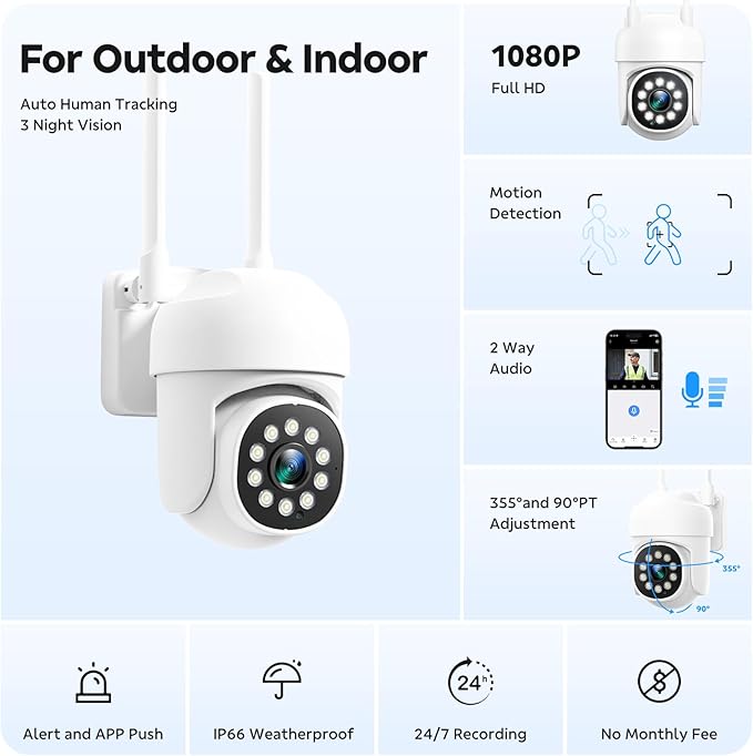 CAMCAMP Outdoor Security Camera Wireless Cameras for Home Security, 2K 360° View Pan/Tilt, Auto Human Tracking, 2.4G& 5G WiFi, Three Night Vision, Two-Way Talk, Indoor, IP66, Support SD Storage (1, W)