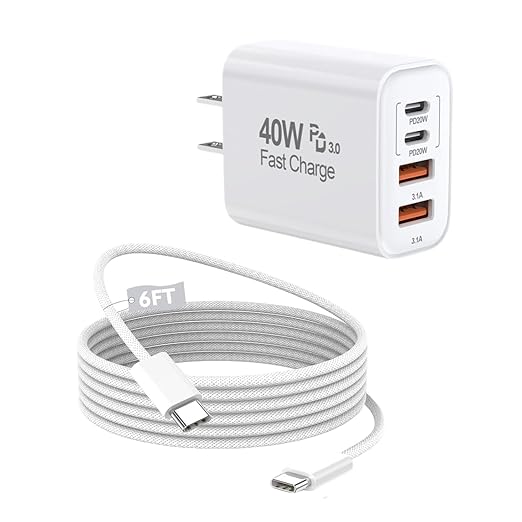 [Apple MFi Certified]40W iPhone 17/16/15 Fast Charger,PD 40W Type C Apple Charger 4 Port Wall Plug with 6FT USB C-C Fast Charging Woven Cord for iPhone 17/17 Pro/16/16e/16 Pro Max/15/iPad Pro/Air/Mini