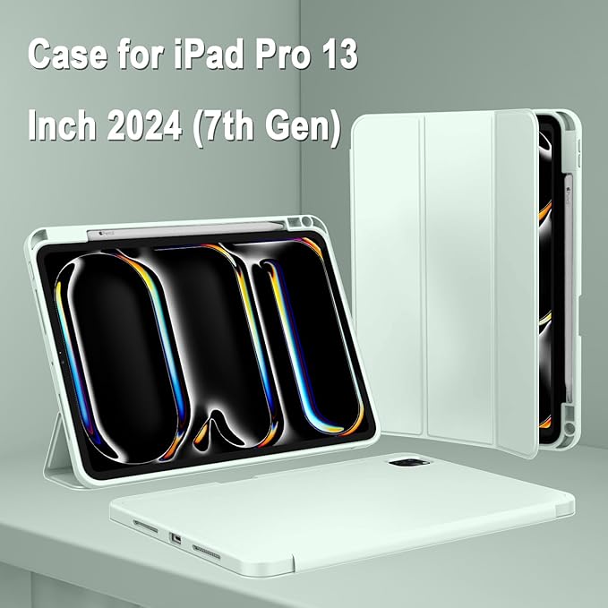 ZryXal New iPad Pro 13 Inch Case (M5) 2025 / (M4) 2024 with Pencil Holder, Smart iPad Case [Support Pencil Pro and Pencil (USB-C)], Support Touch ID and Auto Wake/Sleep (Pale Green)