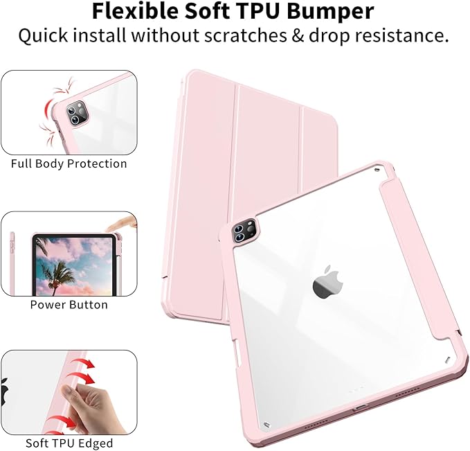 Case for iPad Pro 12.9 Inch (6th/5th/4th/3rd Generation 2022/2021/2020/2018) with Pencil Holder, Clear Transparent Back Shell Slim Stand Shockproof Tablet Cover, Auto Wake/Sleep, Pink