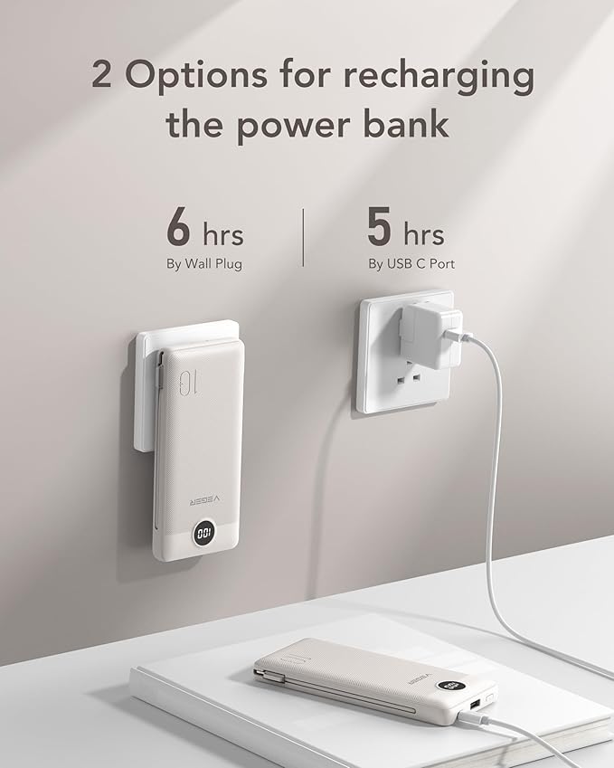 VEGER Portable Charger with Built-in AC Plug and Cables, All in One 10000mAh Ultra Slim Power Bank Travel Essentials, Fast Charging Battery Pack Compatible with iPhone, Samsung, Android (Coffee)