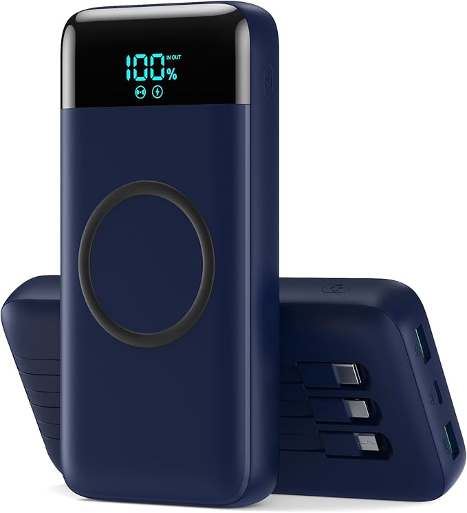 Wireless Portable Charger 40800mAh with 3 Built-in Cables,7-in-1 15W Wireless Charging Power Bank,25W PD QC 4.0 USB C Fast Charging Travel Essential Battery Pack for iPhone 17/16/15/13/12,Android-Blue