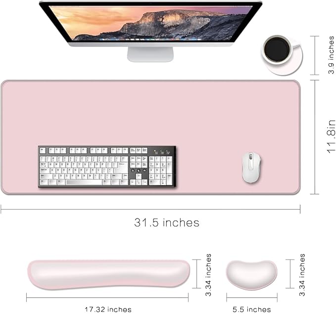 Desk Mat, Large Gaming Mouse Pad with Wrist Rest, 4 in1 XXL Mouse pad+Keyboard Wrist Rest+Mouse Pad Wrist Support+Cup Coaster Set, Ergonomic Desk Pad for Home Office, Pink