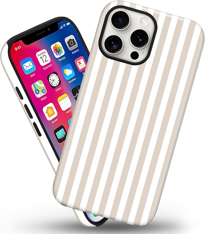 Magnetic for iPhone 12 Pro Max Case Cute Stripes Phone Case, Shockproof Slim TPU and Hard PC Protective Phone Cover Compatible with MagSafe Designed for Women Girls, Apricot