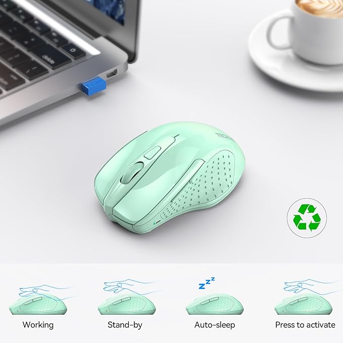 TECKNET Wireless Mouse (2.4G & BT5.0/3.0) Silent 4800 DPI Computer USB A & Bluetooth Mouse 6 Buttons, Wide Compatibility - Green
