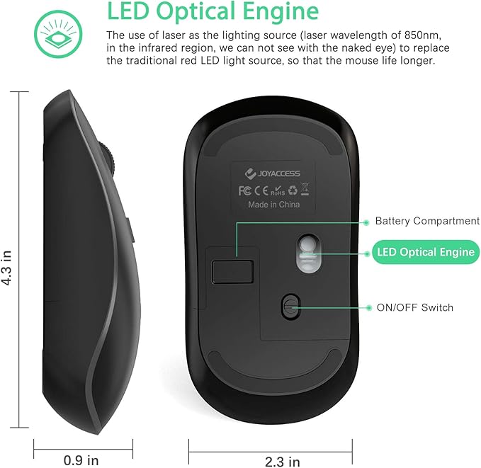 JOYACCESS Wireless Mouse for Laptop, J 2.4G Slim Portable Wireless Silent Mouse, 5 Adjustable DPI, Computer Mouse Wireless with USB Receiver for Desktop,PC,Notebook,MacBook,Chromebook (Black)