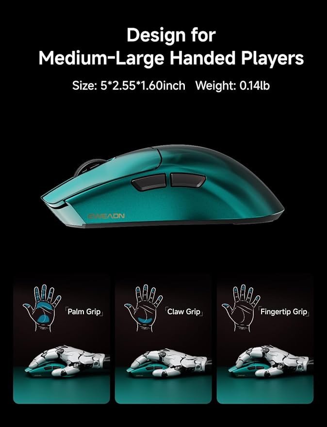 EWEADN S9 Max Wireless Gaming Mouse, 59G Ergonomic Computer Mouse, Triple Modes, 8K Polling, 26K DPI, PAW3395 Optical Sensor, Kailh Switch, 250h Battery Life, Programmable for PC/Win/Mac(Green)
