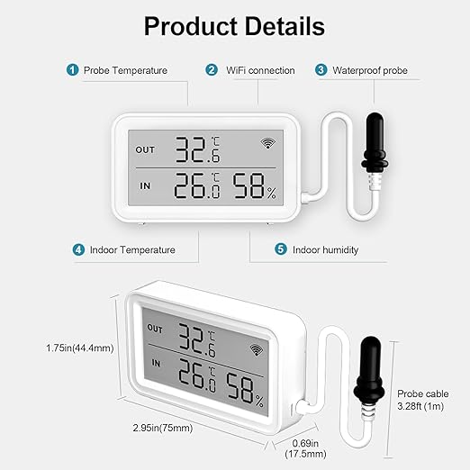 eMylo WiFi Thermometer Hygrometer, Digital Room Temperature Humidity Monitor Sensor with Probe, App Alert, LCD Display, Free Data Storage Export, for Home Kitchen Fridge Fish Tank Aquarium Reptile Tub