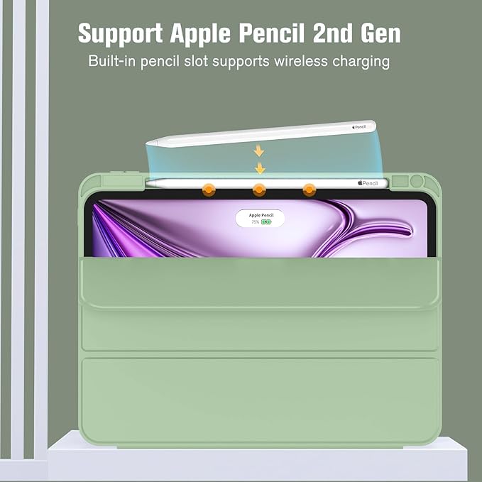ZryXal New iPad Air 13 Inch Case M3 2025/M2 2024 with Pencil Holder, Trifold Stand Smart Case with Soft TPU Back,Auto Wake/Sleep(New Matcha Green)