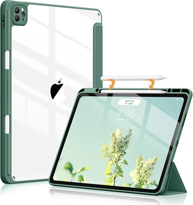 Soke Case for iPad Pro 12.9 Inch (6th/5th/4th/3rd Generation, 2022/2021/2020/2018) - Pencil Holder + Auto Sleep/Wake + Camera Protection, Transparent Shockproof Back Cover,Pine Green