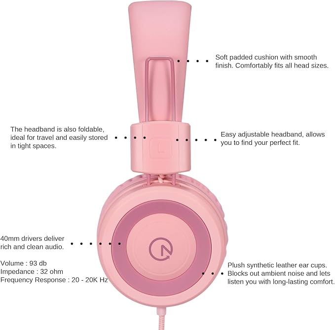 noot products Kids Headphones K11 Foldable Stereo Tangle-Free 5ft Long Cord 3.5mm Jack Plug in Wired On-Ear Headset for iPad/Girls/Boys/School/Laptop/Travel/Plane/Tablet-Soft Pink