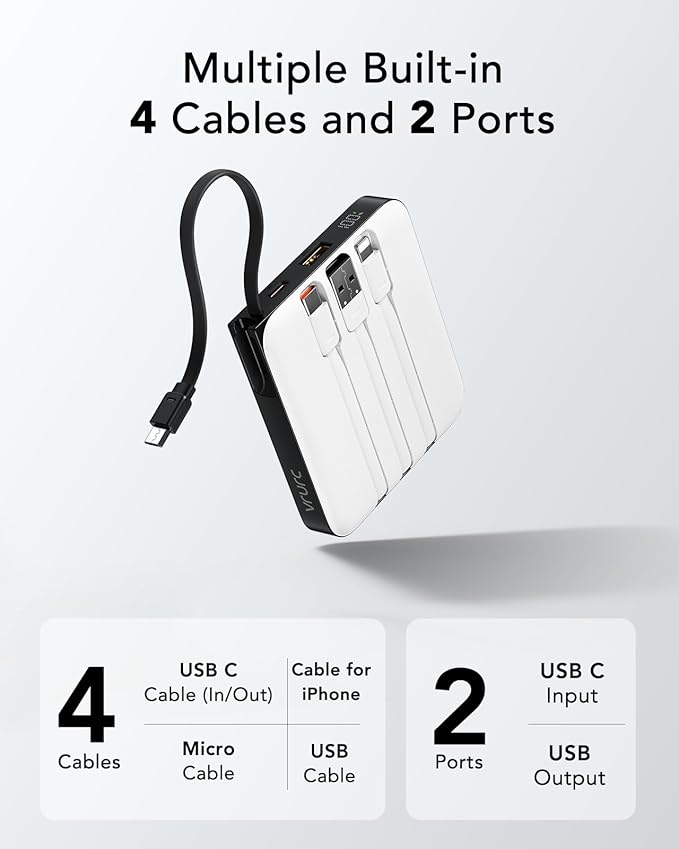 VRURC Battery Pack Charger Portable 10000mAh, 22.5W Power Bank Fast Charging with Built-in Cable, Cell Phone Power Bank for iPhone 17 16 15 & Early Series (White)