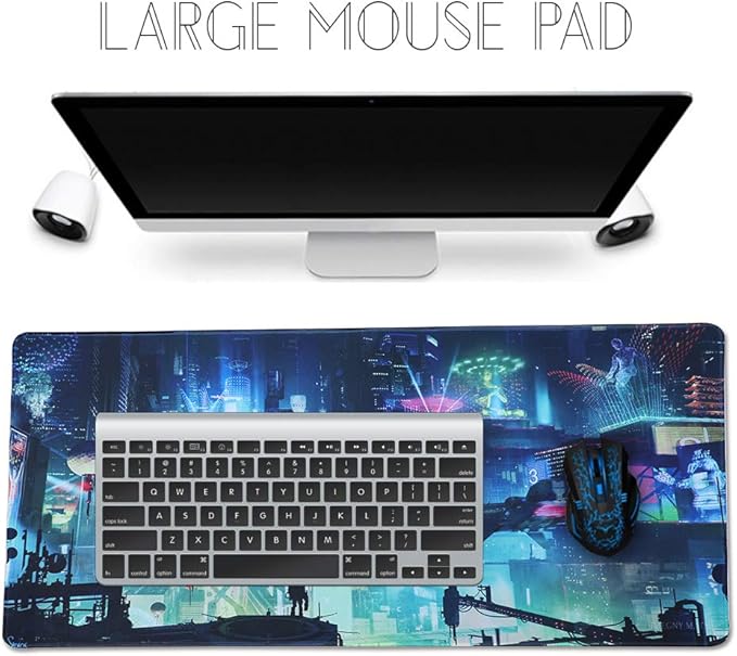 Extended Gaming Mouse Pad, Portable Mat for Keyboard & Mouse with Stitched Edges + Non-Slip Rubber Base （90x40 Green city005）