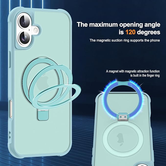 SKYLMW Compatible with iPhone 16 Plus Case with Invisible Magnetic O-Ring Stand Military-Grade Translucent Case for iPhone 16 Plus 6.7" [Compatible with Mag-Safe][Great Grip Feeling], Blue
