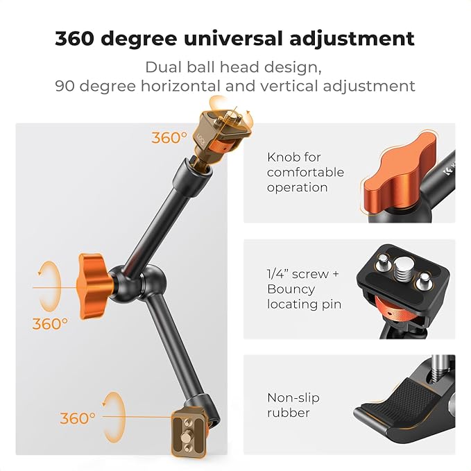 K&F CONCEPT 11" Magic Arm Clamp with Super Clamp ARRI 1/4" & 3/8" Thread Screw, 360° Ball Heads Arm with Clamp Mount for Monitor, LED Light, Webcam, Action Camera
