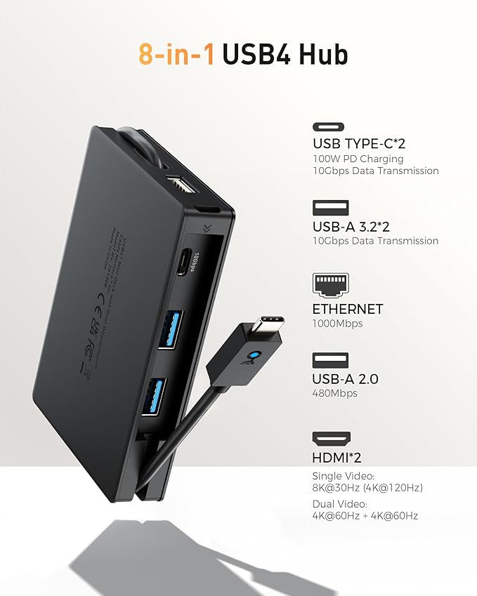 Cable Matters 8-in-1 Portable 40Gbps Dual HDMI USB4 Hub, USB 4 Dock with 2X 4K@60Hz or 1x 4K@120Hz / 8K@30Hz, 100W PD, Gigabit Ethernet, Compatible with Thunderbolt 4 (*macOS's Display Limitation)