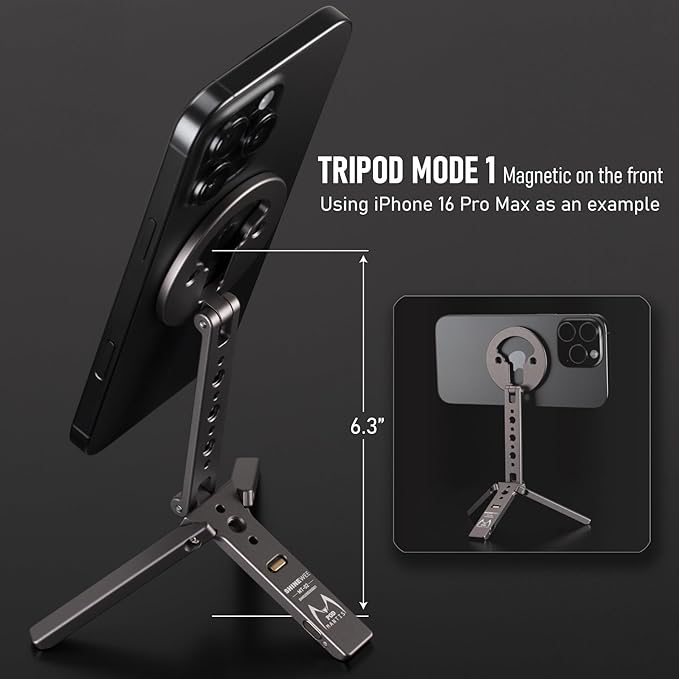 Ultra-Compact Magnetic Tripod for iPhone | Foldable Hook Design, 20 N52 Magnets, Cold Shoe & 1/4" Screw - Phone Stand for iPhone 12-17 & MagSafe Devices