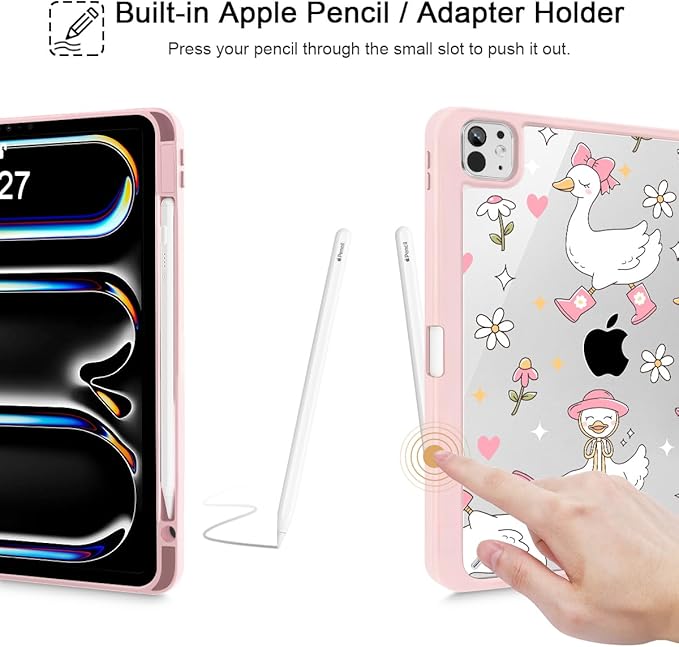 May Chen for iPad Pro 13 Inch Case M5 2025 / M4 2024, Built Pencil Holder & Clear Transparent Print Back Shell Slim Stand Shockproof Tablet Cover, Auto Wake/Sleep, Cute Goose Spring