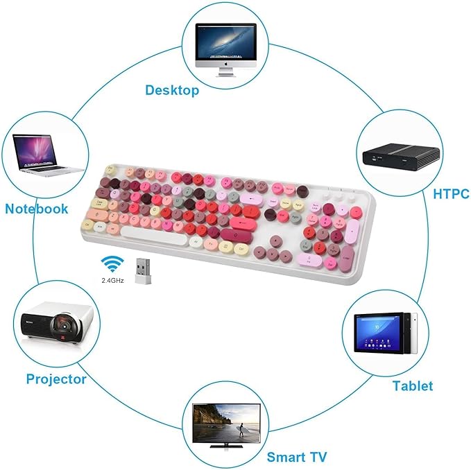 Retro Wireless Keyboard and Mouse Combo,Vintage Typewriter Key Board with 104 Cute Colorful Round Keys, 2.4GHz Full Size Aesthetic Bubble Keyboard&3 DPI Mouse for PC Laptop Desktop (Mixed Pink&Red)