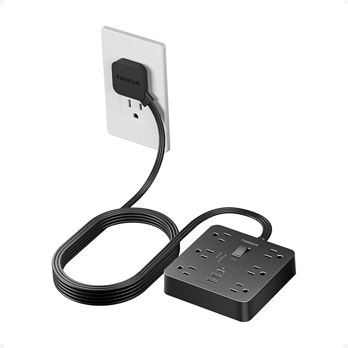 TESSAN 10Ft Black Extension Cord with Multiple Outlets, Surge Protector Power Strip with 6 Outlets and 3 USB Ports (1 USB C), 1700 Joules Protection, Flat Plug, Outlet Extender for Home, Office, Dorm