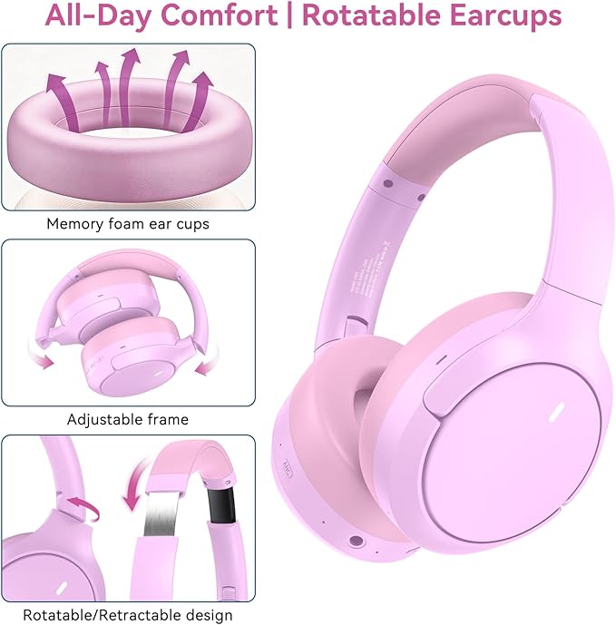 Hybrid ANC Wireless Over-Ear Headphones, 100H Playtime, Hi-Res Audio, Bluetooth 6.0, Multi-Mode Noise Cancellation, Comfort Fit, iOS & Android Compatible, Foldable Design, Travel-Friendly (Pink)