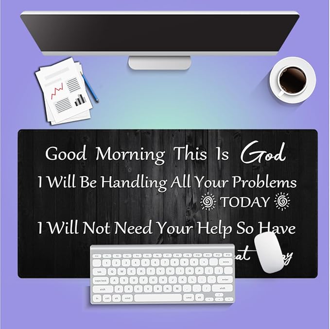 Inspirational Large Gaming Mouse Pad (31.5" x 15.8") - Good Morning This is God Motivational Quote Rustic Black Wood, Spiritual Religious Christian Bible Verse Scripture, Stitched Desk Mat