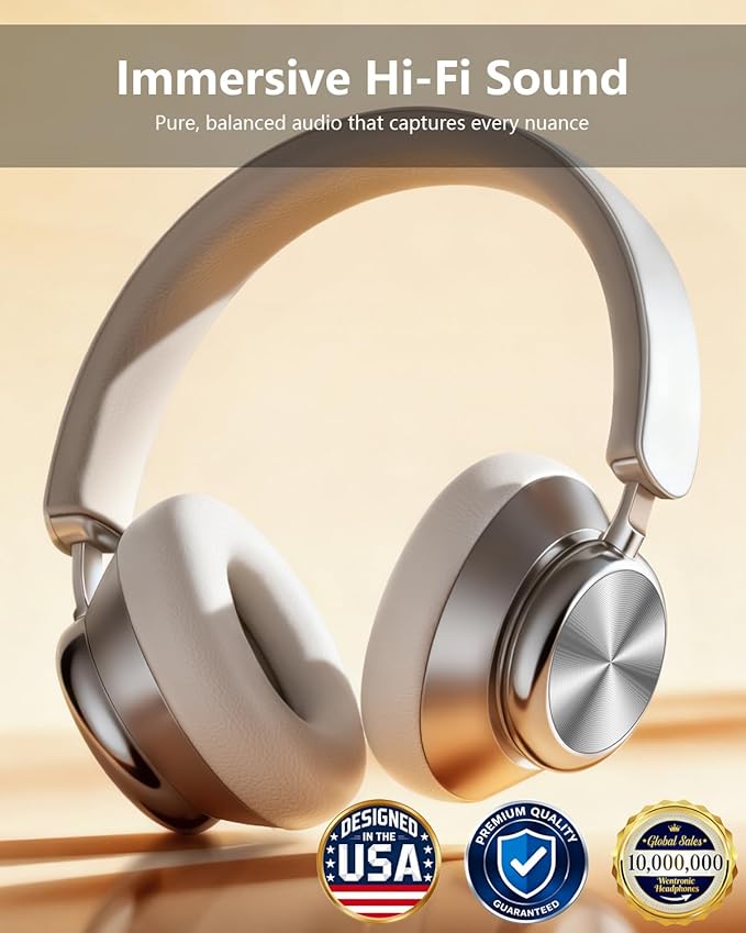 Wentronic Y03 Bluetooth Headphones Wireless Active Noise Cancelling Over Ear Headphones 48 Hours Playtime High Sound Quality 6 EQ Music Mode Headphones with Soft Ear Cushion - Silver