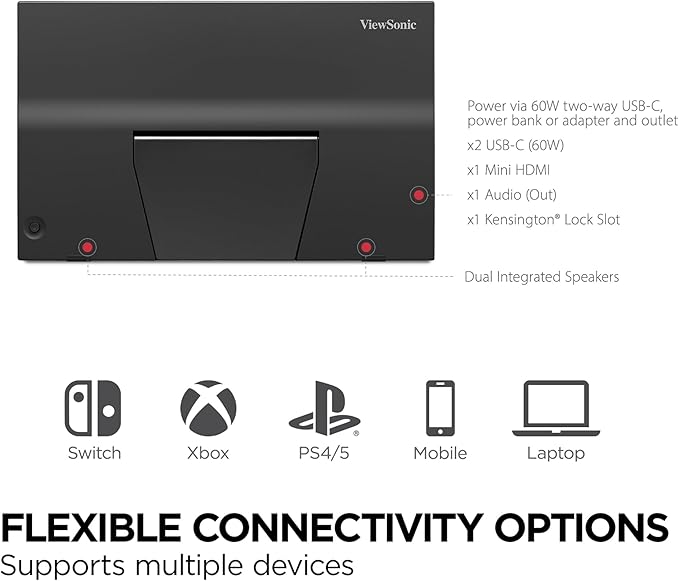 ViewSonic VX1754 17 Inch 1080p Portable Gaming Monitor, IPS Display with 144Hz for Second Screen Productivity and High-Speed Gameplay, Built-in Stand, 60W USB-C, and Mini HDMI Inputs