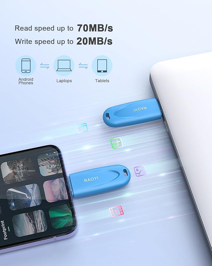 RAOYI 128GB Type-C Flash Drive USB 3.0 USB C Flash Drive Type C Thumb Drive Portable Memory Stick with Keyring Hole High-Speed Pen Drive for Laptop Smartphone Tablet Mac USB-C Devices, Blue