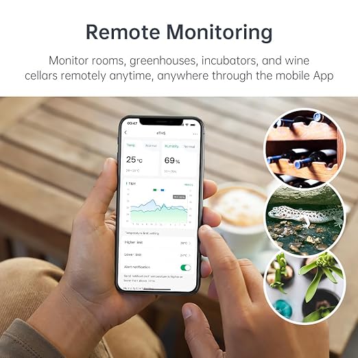 Thermometer and Hygrometer eTHS, WiFi Smart Temperature and Humidity Monitor Sensor, APP Phone Alert, TH2MQTT Home Assistant, Compatible with Alexa Google Home, No Hub Required