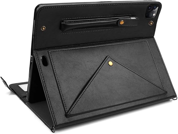 Handbag Case for iPad Pro 11" 2018-2022 / Air 11" 2025 2024 10.9" - Techcircle Folio Stand iPad Crossbody Wallet Case with Pencil Holder, Hand Strap+Shoulder Strap Protective Cover, Black