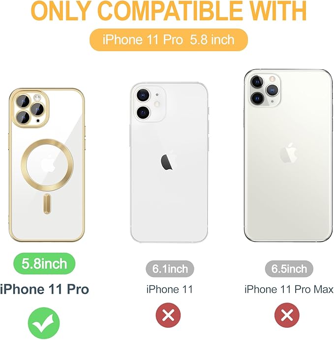 Hython Magnetic Clear for iPhone 11 Pro Case with Camera Lens Protector [Compatible with MagSafe] Luxury Plating Edge Slim Soft TPU Cover Protective Phone Case for iPhone 11 Pro 5.8", Matte Gold