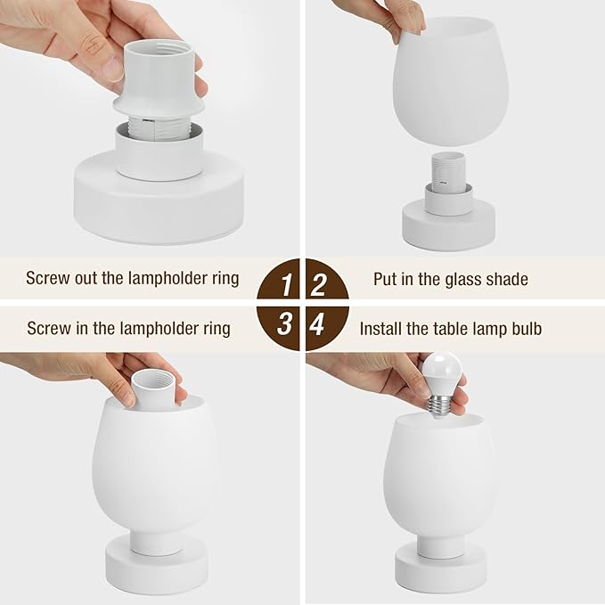Seealle Touch Bedside Table Lamp Set of 2 - Small Bedside Lamp for Bedroom Living Room Night Stands, Desk Lamp with White Glass Shade for Small Spaces, 3 Way Dimmable, LED Bulbs, Gifts
