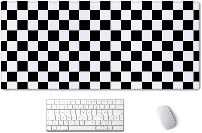 SSOIU Checkered Desk Mat Extended Gaming Mouse Pad (35.5x15.7 in), Large Stable Rubber Base Mousepad with Stitched Edges, Keyboard Mouse Mat Desk Pad for Work, Game, Office - Black White Checkerboard