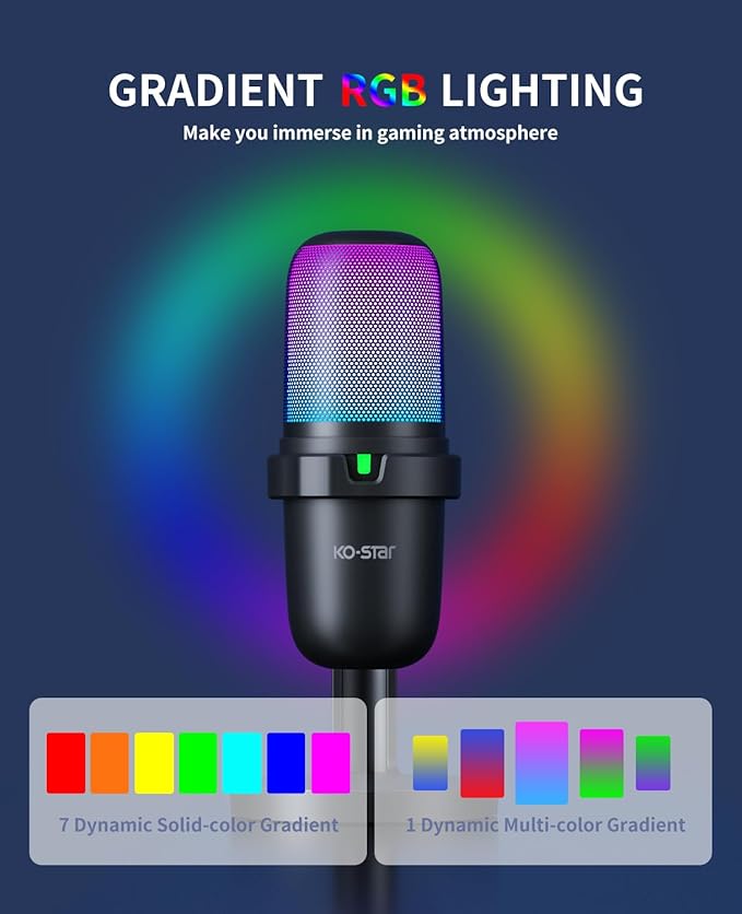 USB Streaming Gaming Microphone, PC Condenser Desktop Mic for Video, Home use, YouTube, with RGB Control, Gain Knob, 3.5mm Headphone Jack, Shock Mount, on Computer/PS5 - (Black)