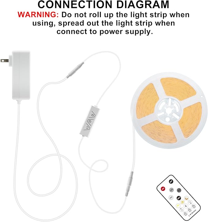 32.8ft COB Led Strip Light with Remote, 3000K Ra93+ Dimmable Bright Warm White Led COB Strip Light, White Continuous Led Strip Light for Mirror, Stair, Cabinet, Room