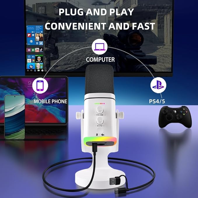 YU8-white Dynamic Microphone - USB/XLR RGB Mic with Echo Adjustment, Mute Key & Monitoring Jack, Desktop Microphone for PC Gaming, Streaming & Chat