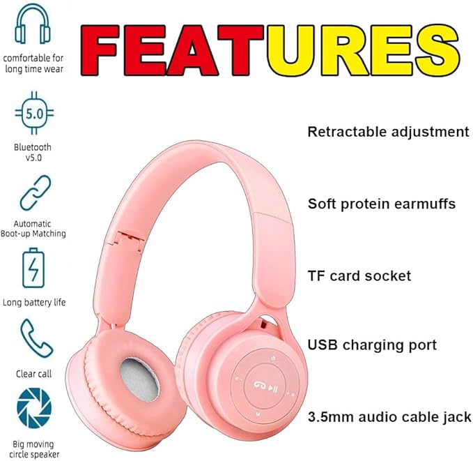 Upgraded Hybrid Noise Cancelling Bluetooth Headphones Over Ear Wireless Bluetooth with Mic Soft-Earpads HiFi Stereo Foldable Lightweight Headset Deep Bass for Home Office Cellphone PC Pink