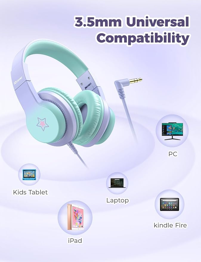 iClever HS19S Kids Headphones, 85dBA Safe Volume Limiter - Over Ear Stereo Headphones for Kids Boys Girls, Foldable 3.5mm Jack Wired Headphone for iPad/Tablet/School/Travel