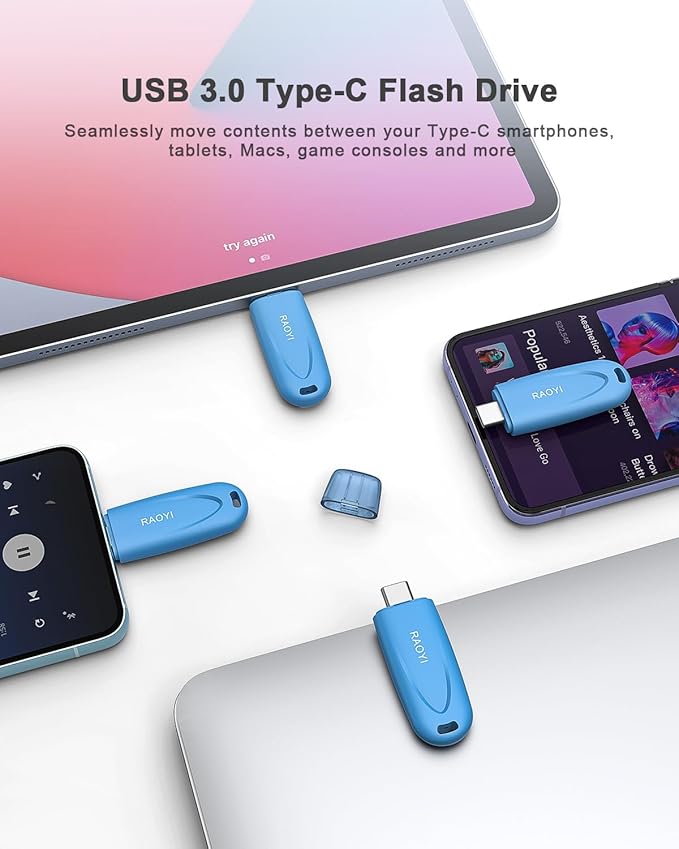 RAOYI 64GB Type-C Flash Drive USB 3.0 USB C Flash Drive Type C Thumb Drive Portable Memory Stick with Keyring Hole High-Speed Pen Drive for Laptop Smartphone Tablet Mac USB-C Devices, Blue
