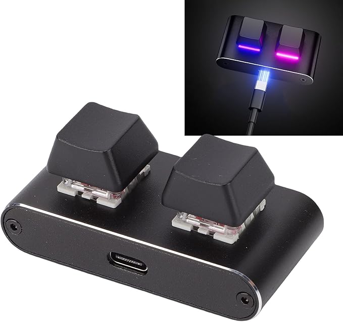 Programmable 2 Key Mechanical Keyboard, Aluminum Alloy USB Macro Keypad with Red Switches for Gaming Productivity, Custom Shortcut Keys, Hot Swappable One Handed Design