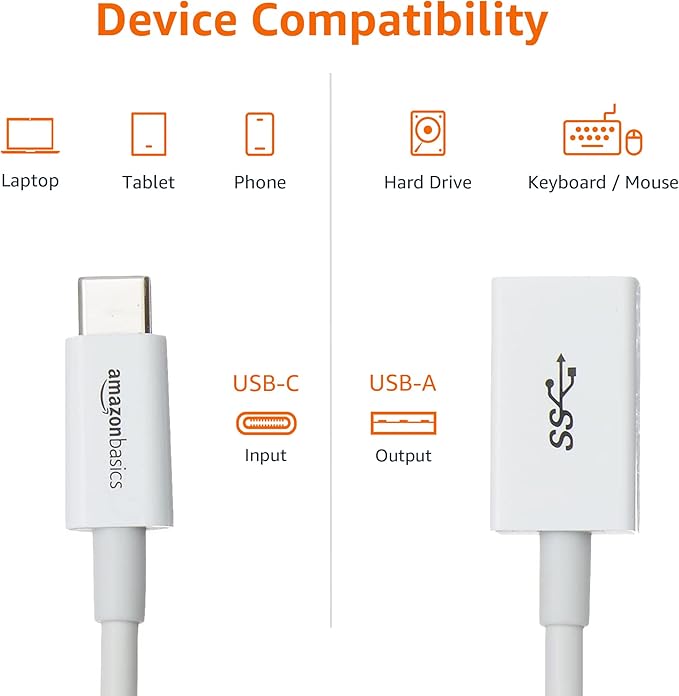 Amazon Basics USB-C to USB-A 3.1 Gen1 Female Adapter Cable Converter, 5Gbps High-Speed, USB-IF Certified, Fast Charging and Data Transfer, for Laptops, Tablets, Phones (iPhone 16/15), White