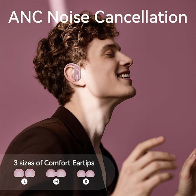 occiam Active Noise Cancelling Wireless Earbuds Bluetooth Headphones Ear Buds 96Hrs Playback Clear Call Waterproof Earphones with Ear Hook Microphones for Sport Running Pink